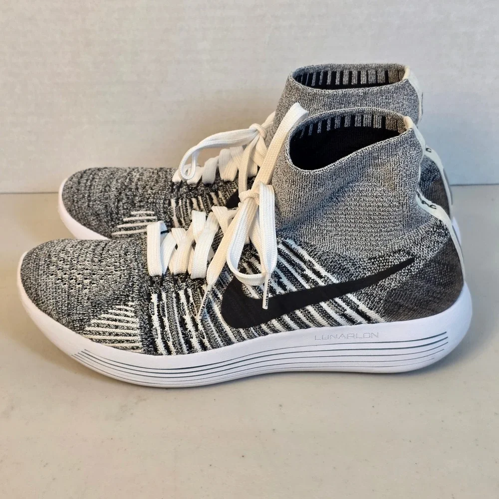 Nike LunarEpic Flyknit Women 8.5 Running Shoes Black White Grey High Top Sneaker